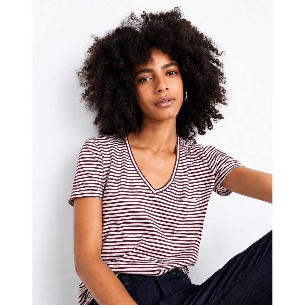 Madewell Whisper Cotton V-Neck Pocket Tee Burgundy Cream Striped Women's XXS